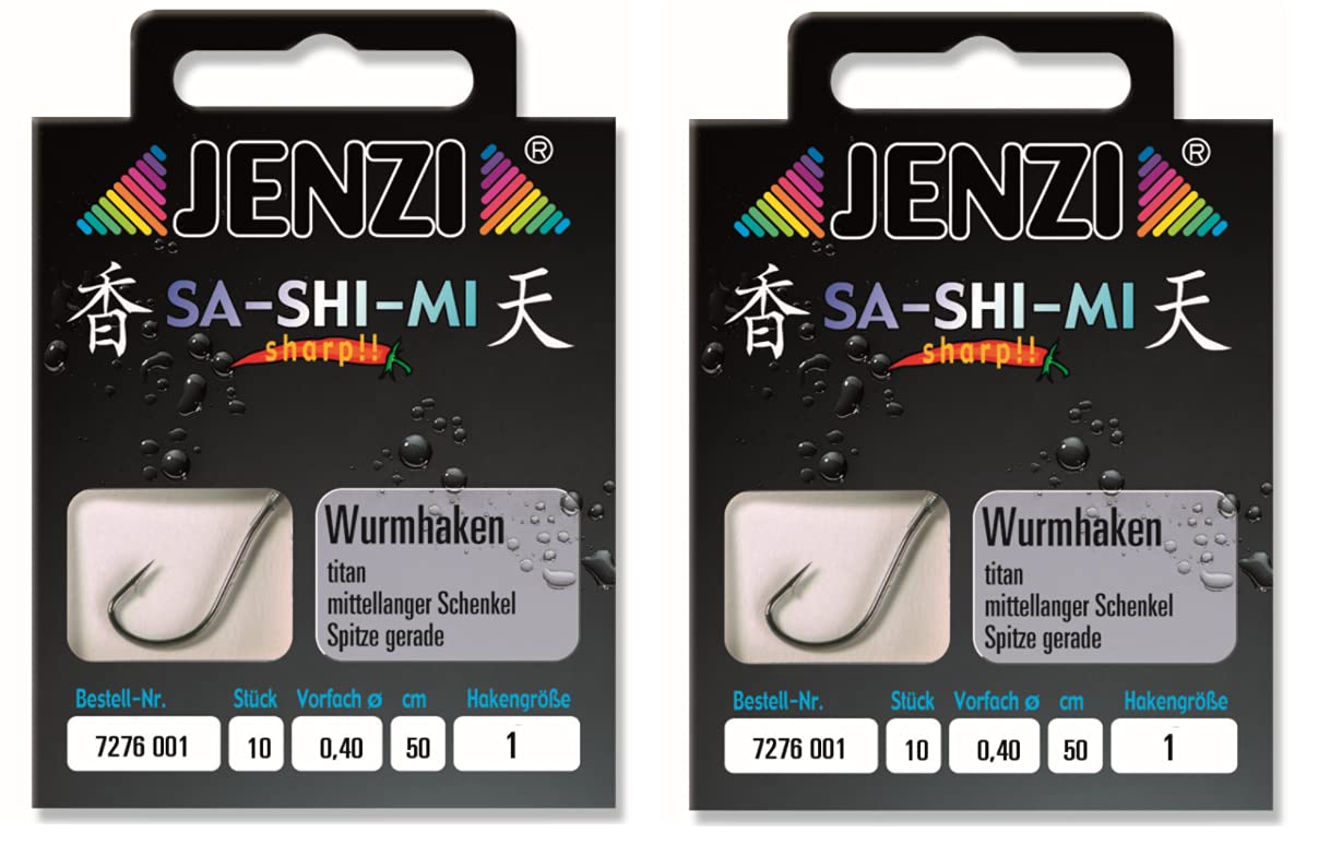 Set # 2 Packs (20 Pieces) Worm Hooks by Jenzi, Ready Tied Hook Size 1, 50 cm + Free Petri Heil! Sticker, silver, Hakengröße 1