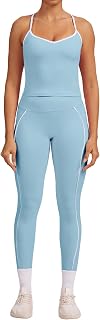 Women 2 Piece Workout Sets Cross Back Color Block Tank Tops Tummy Control Active Leggings Yoga Outfits with Pockets