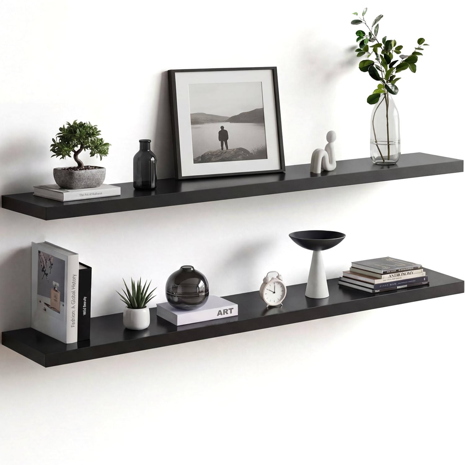 Photo 1 of **Only one pieces, please see the second photo**Homeforia Floating Black Shelf 60 inch, High End Solid Real Wood 60 inches Long Floating Shelves for Wall, Black Wooden 60inch Large Floating Shelves, Heavy Duty Bracket, 60 X 6.5 X 1.75 in, Set of 2