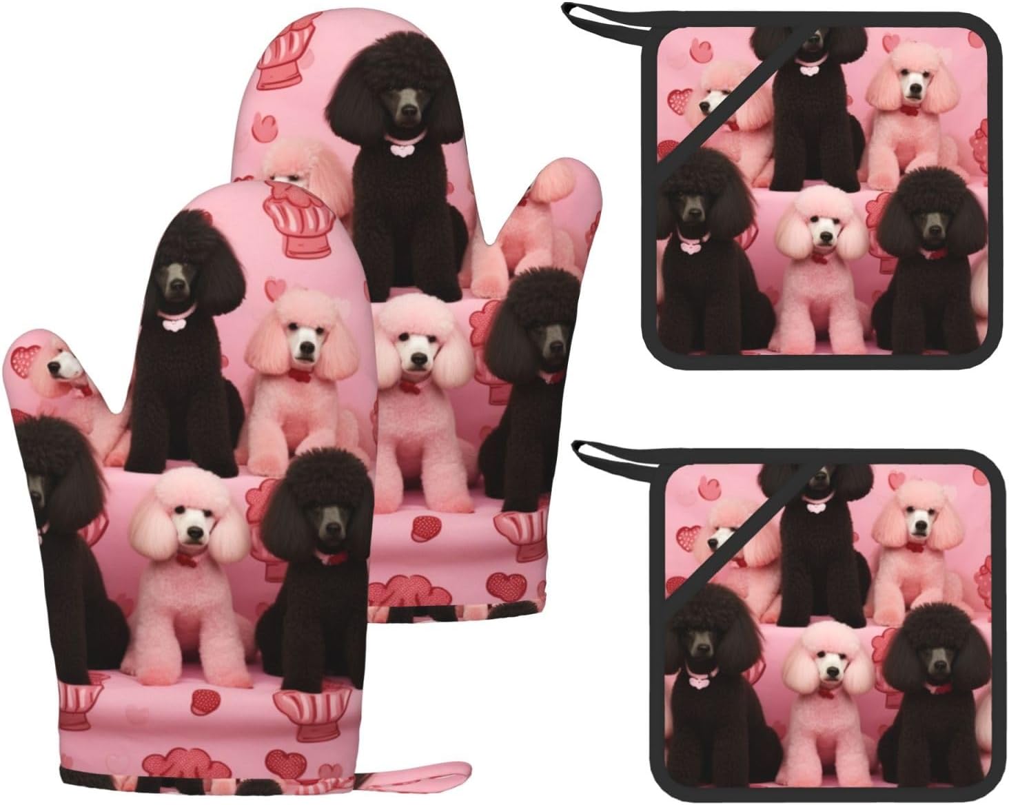 Poodles Dogs 4pcs Oven Mitts and Pot Holders Sets for Kitchen, Silicone Oven Gloves Non-Slip Potholders Hot Pads for Baking Cooking