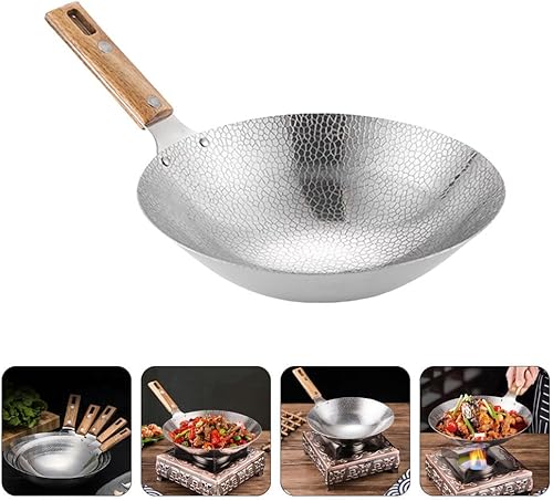 Miniatura 7 de BESTonZON Wok de acero inoxidable Sartén para freír sartén con mango de madera 9.4 in Hogar Restaurante Olla de cocina chino japonés tradicional