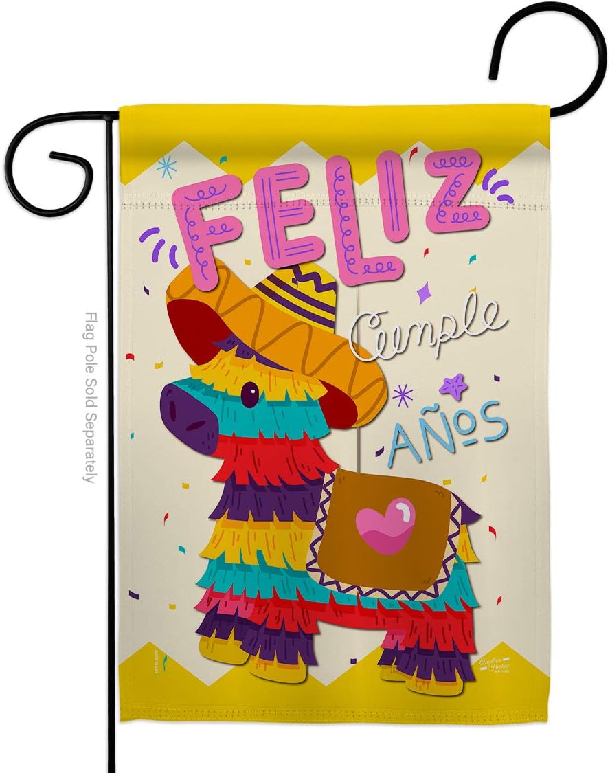 Feliz Cumpleaños Garden Flag Set Wall Holder Celebration Birthday Cake Gift Present Candy Bouquet Occasion Anniversary Party Small Decorative Yard House Banner Made In USA 13 X 18.5