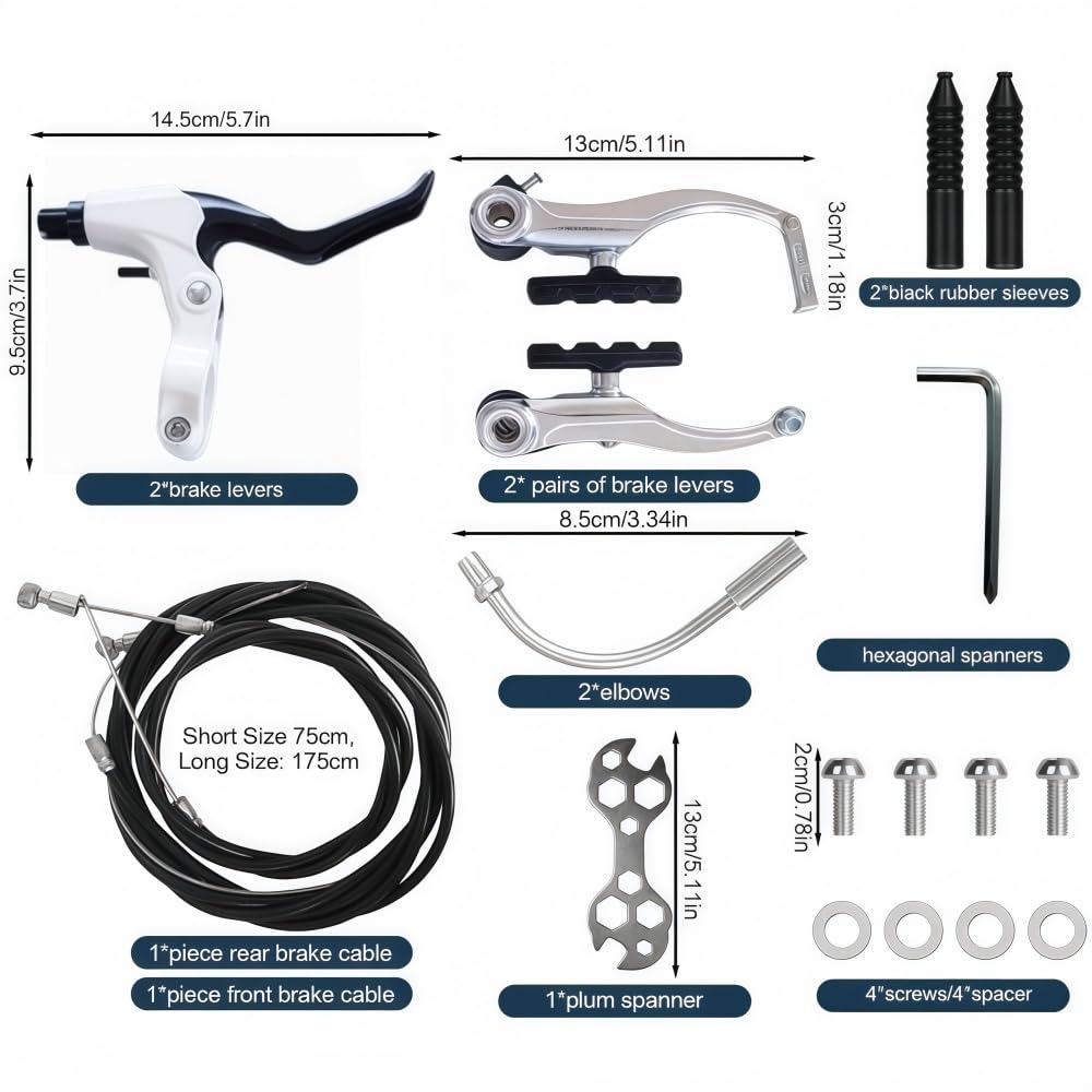 Fahrrad-V-Brake-Kit, universelles Bremsystem für Vorder- und Hinterrad, bestehend aus Bremshebeln, Bremssätteln, Bremszügen und Bremsbelägen.