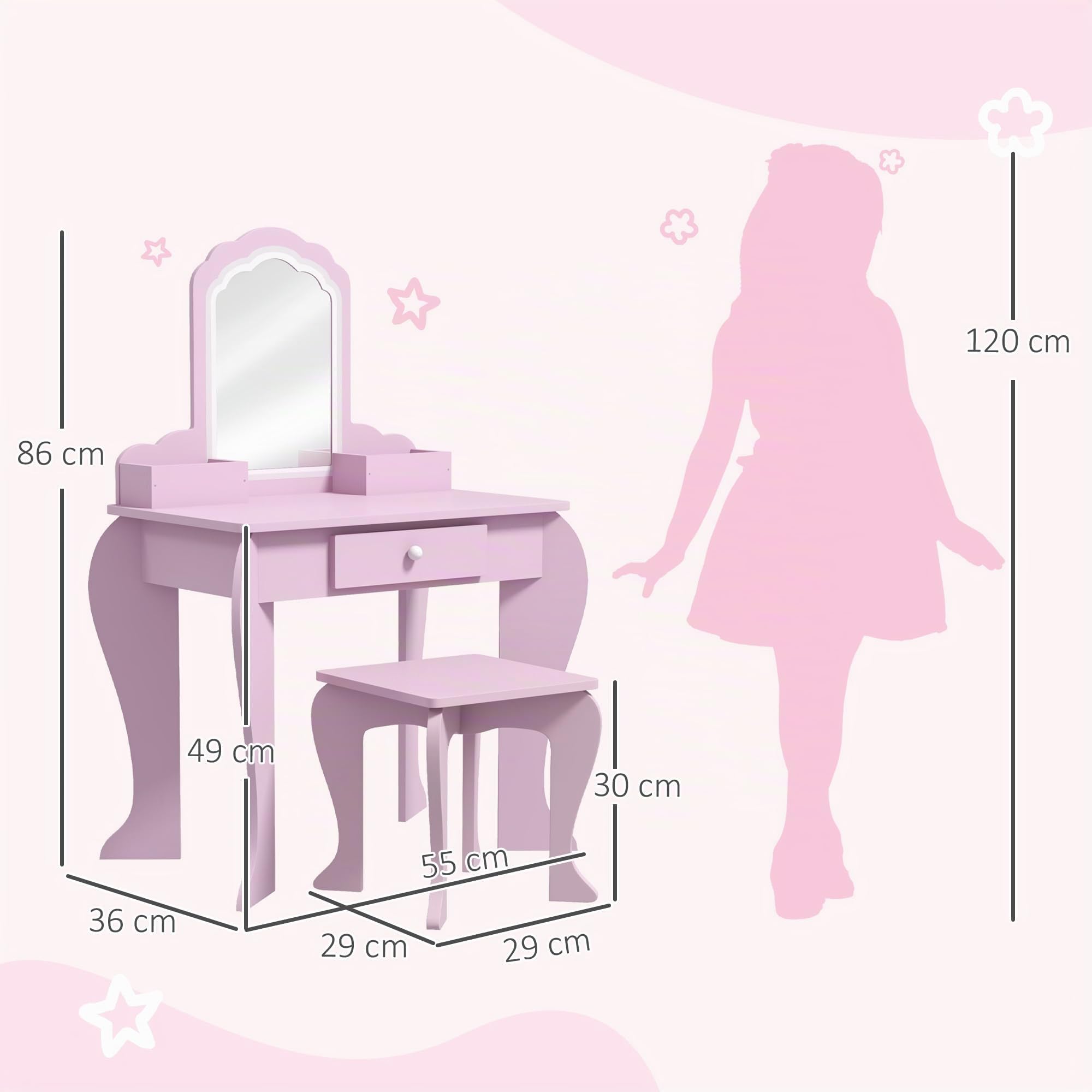 ZONEKIZ Set Toeletta con Specchiera Trucco per Bambina con Sgabello Abbinato, Tavolo Toeletta in Legno con Cassetto e Contenitori, Specchio a Nuvola, Rosa