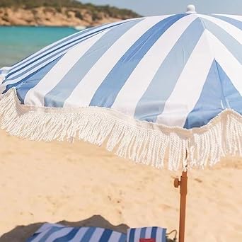 Garden Parasol Tiltable Umbrella 7ft, Outdoor Beach Umbrella with Fringe, UV Protection, Portable Striped Sun Shade Umbrella for Deck, Yard, Patio