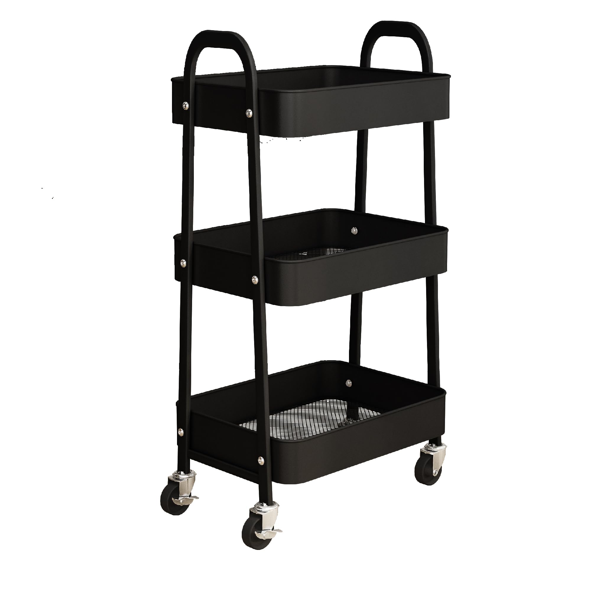 simpa 3 Tier Metal Multipurpose Wheeled Storage Tray Cart - BLACK 78.5cm (H) x 46cm (W) x 30.5cm (D)
