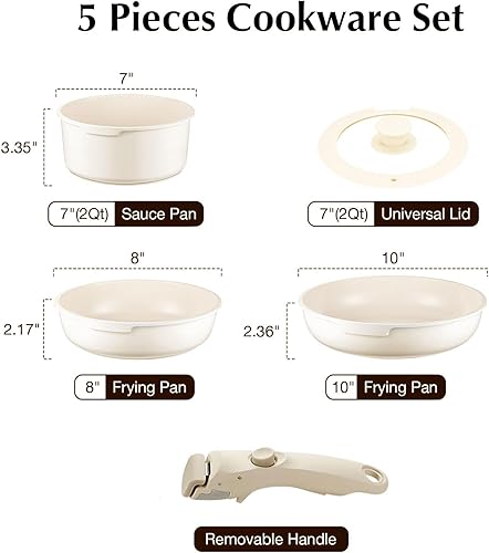 Miniatura 2 de Juego de utensilios de cocina de cerámica antiadherente blanca, juego de 5 piezas con asas desmontables, perfecto para cocinar todos los días,