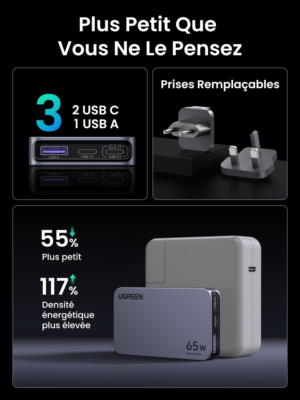 UGREEN Nexode Air 65W Chargeur USB C Voyage Rapide 3 Ports Ultra Fin Adaptateur International avec Prises EU UK US Compatible avec iPhone 17 Pro Max 16 15 14 13 12 MacBook Neo Air Galaxy S26 S25 S24