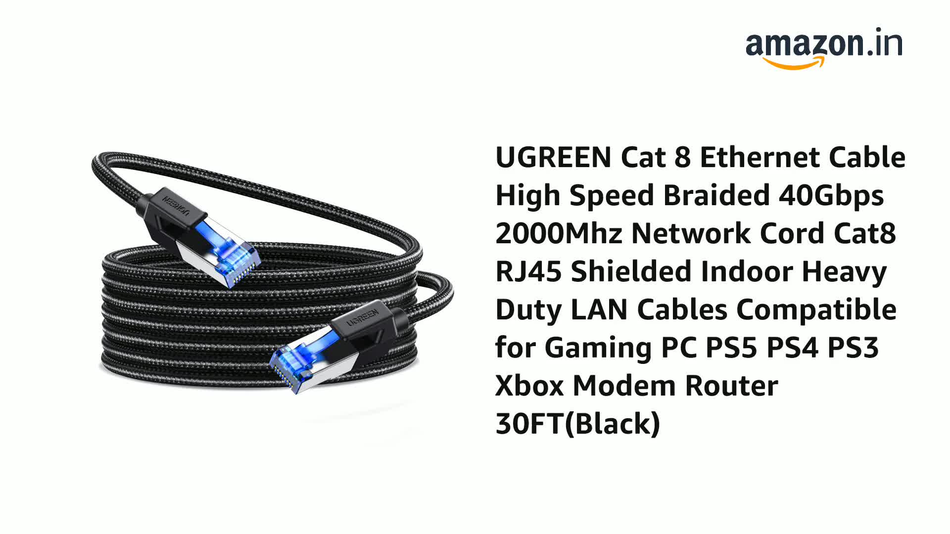 Cat 8 Ethernet Cable - 40Gbps, 2000MHz, Braided, RJ45, Gold Plated - High Speed LAN Network Cord 9 thumbnail image