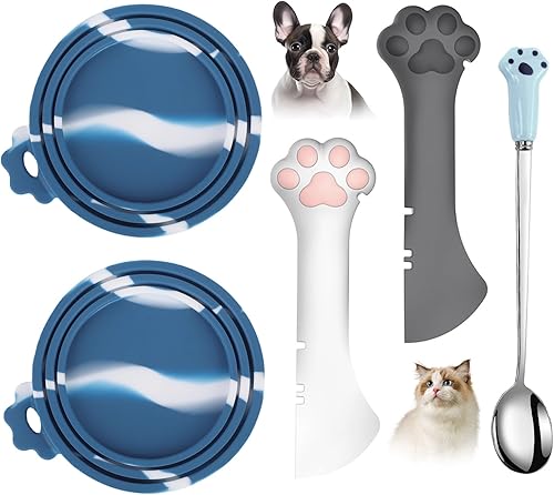 Miniatura 13 de Comtim Juego de 5 tapas y cucharas para latas de comida para mascotas, fundas de silicona para perros y gatos con abridor de espátula multifunción