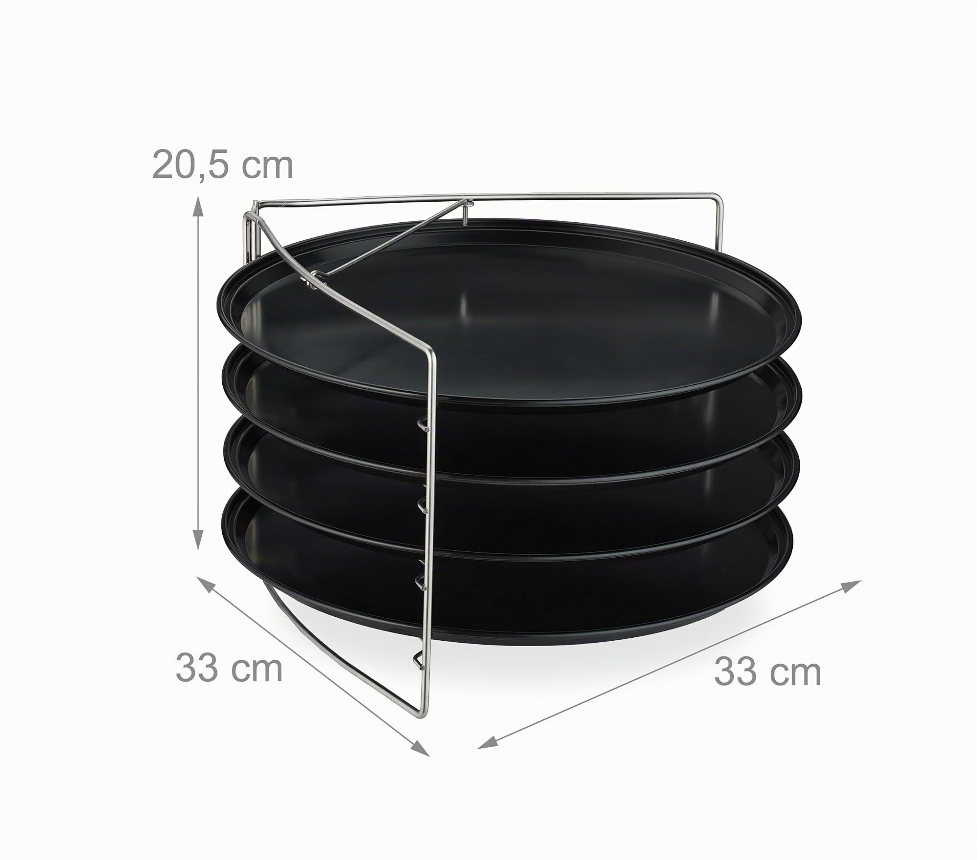 Relaxdays Bandeja para Pizza, Set de 4, con Soporte, Antiadherente, Acero al Carbono, Redonda, Antracita/Plateado