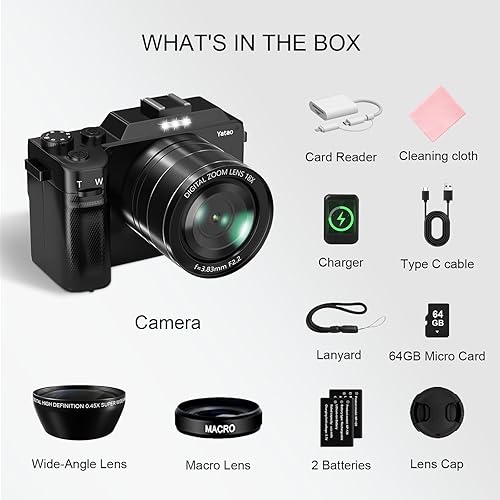 Miniatura 9 de Yatao Cámara digital con WiFi, kit de cámara fotográfica 4K 5K 64MP para YouTube, cámara dual frontal y trasera para selfie conveniente, equipada