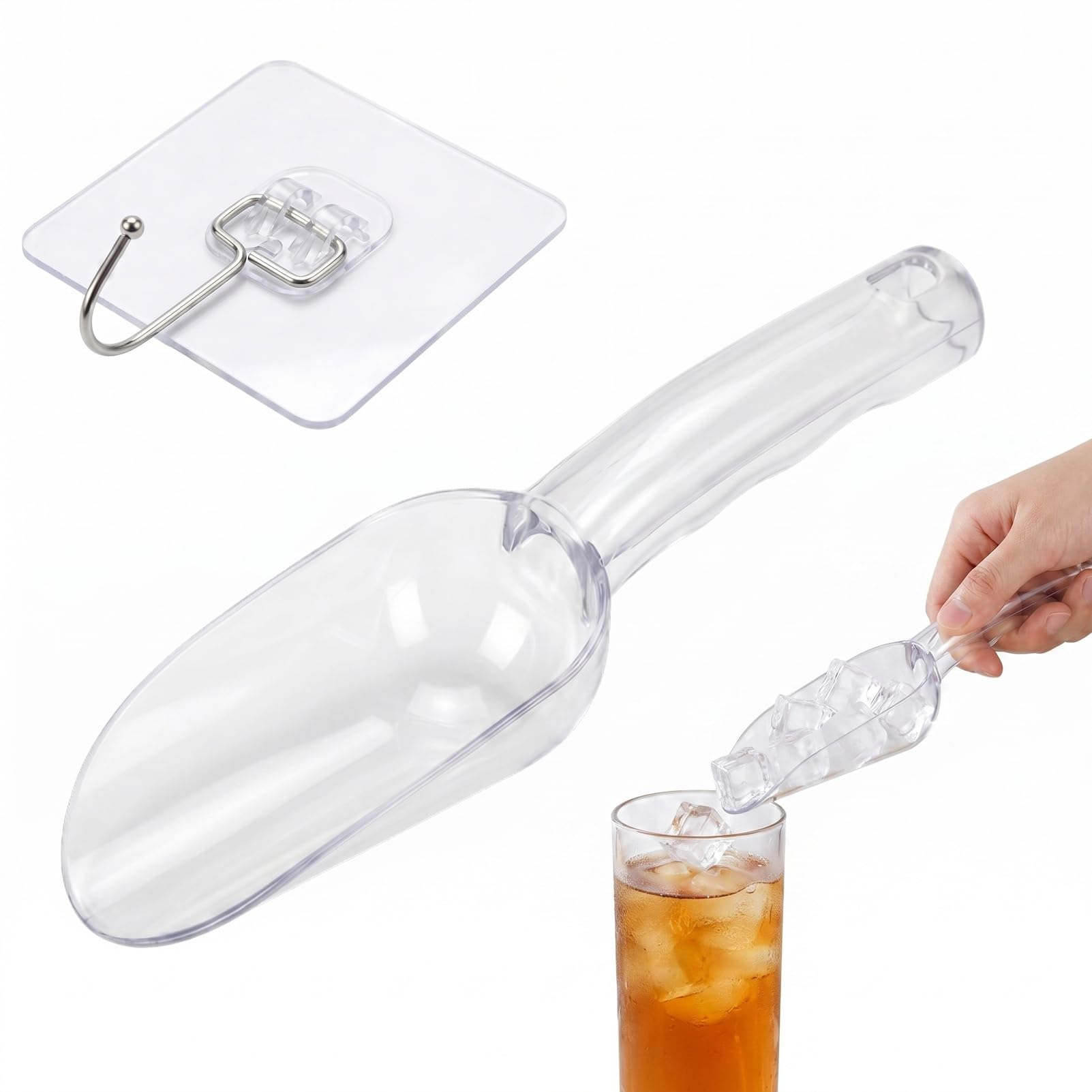 1-Pack 6oz Thickened PC Plastic Ice Scoop with Hook, Plastic Scooper for Freezer & Ice Machine, Multipurpose Food Scoop for Popcorn, Flour, Candy, Pet Food (Clear)