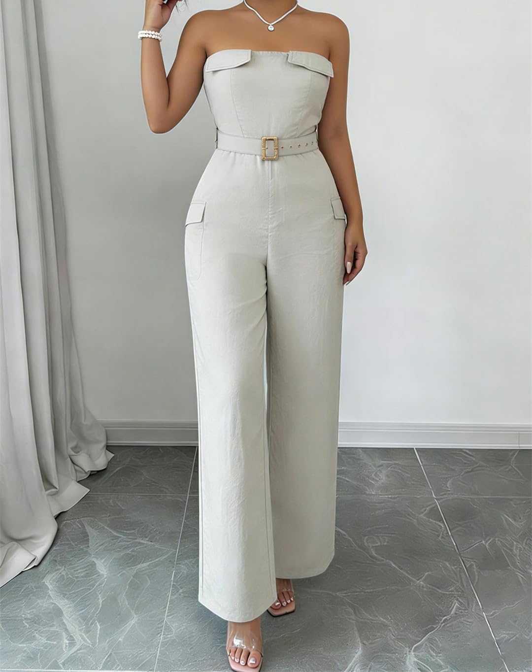 Yeuyyben Overol de verano para mujer, sin tirantes, con cinturón, pierna ancha, mezcla de lino, elegante, informal, para vacaciones, fiestas
