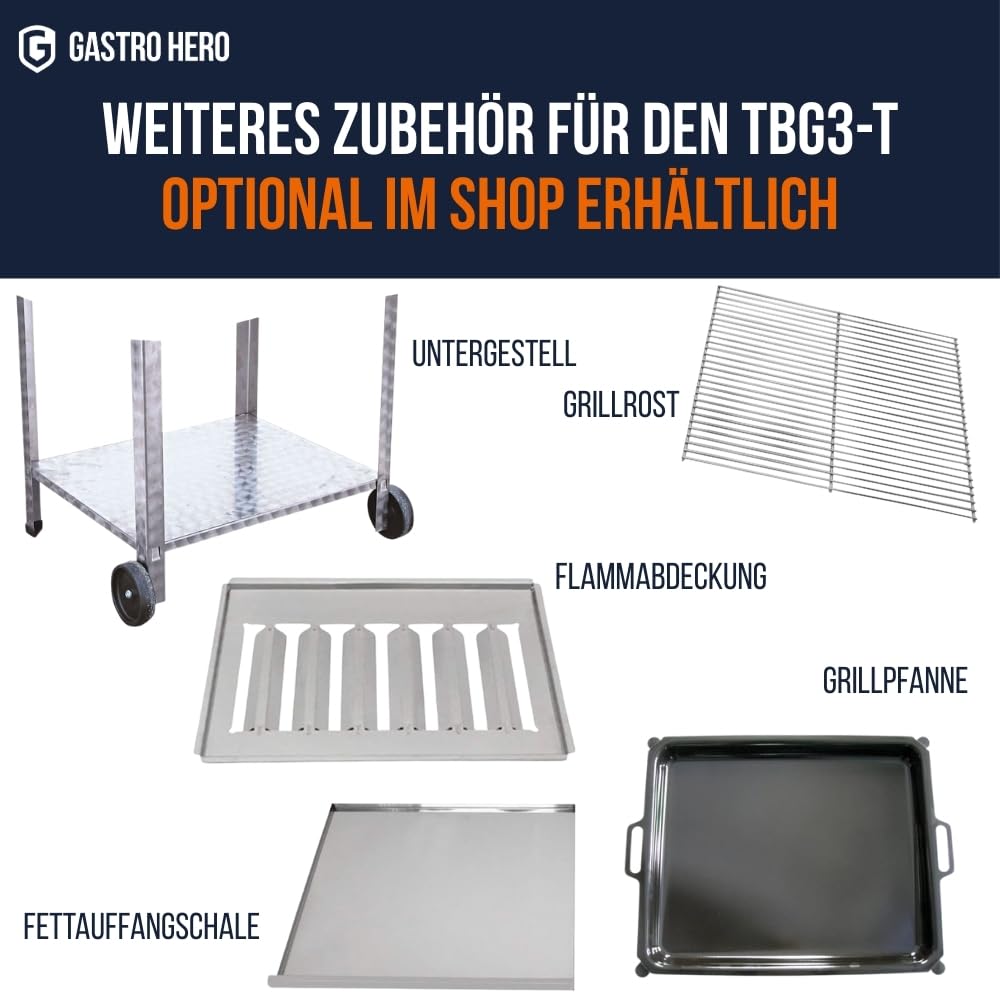 GastroHero Tischbräter, 3 Brenner, 10 kW, Edelstahl TBG3-T | Profi Gastro Kombibräter, Outdoor Tischgrill 650×570×270 mm inkl. Gasschlauch & Druckminderer