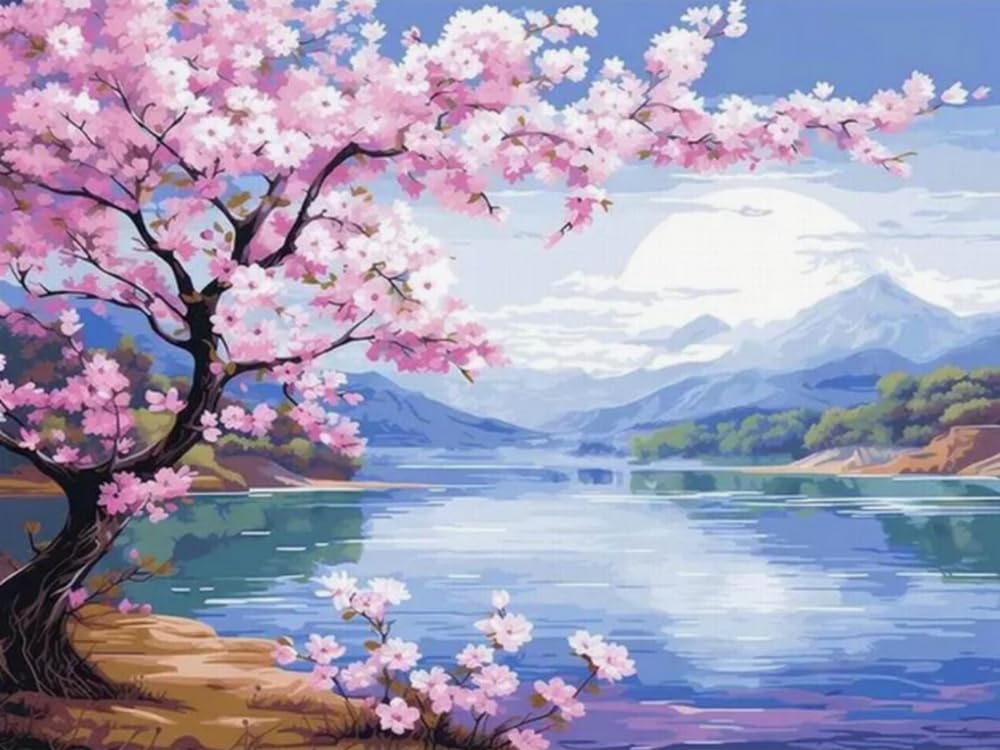 GLTEYACO Pre-Printed Cross Stitch Kits Cherry Blossom Scenery 11CT Stamped Embroidery Kit for Adults Beginners DIY Embroidery Pattern Art Craft Decor 40x50 cm