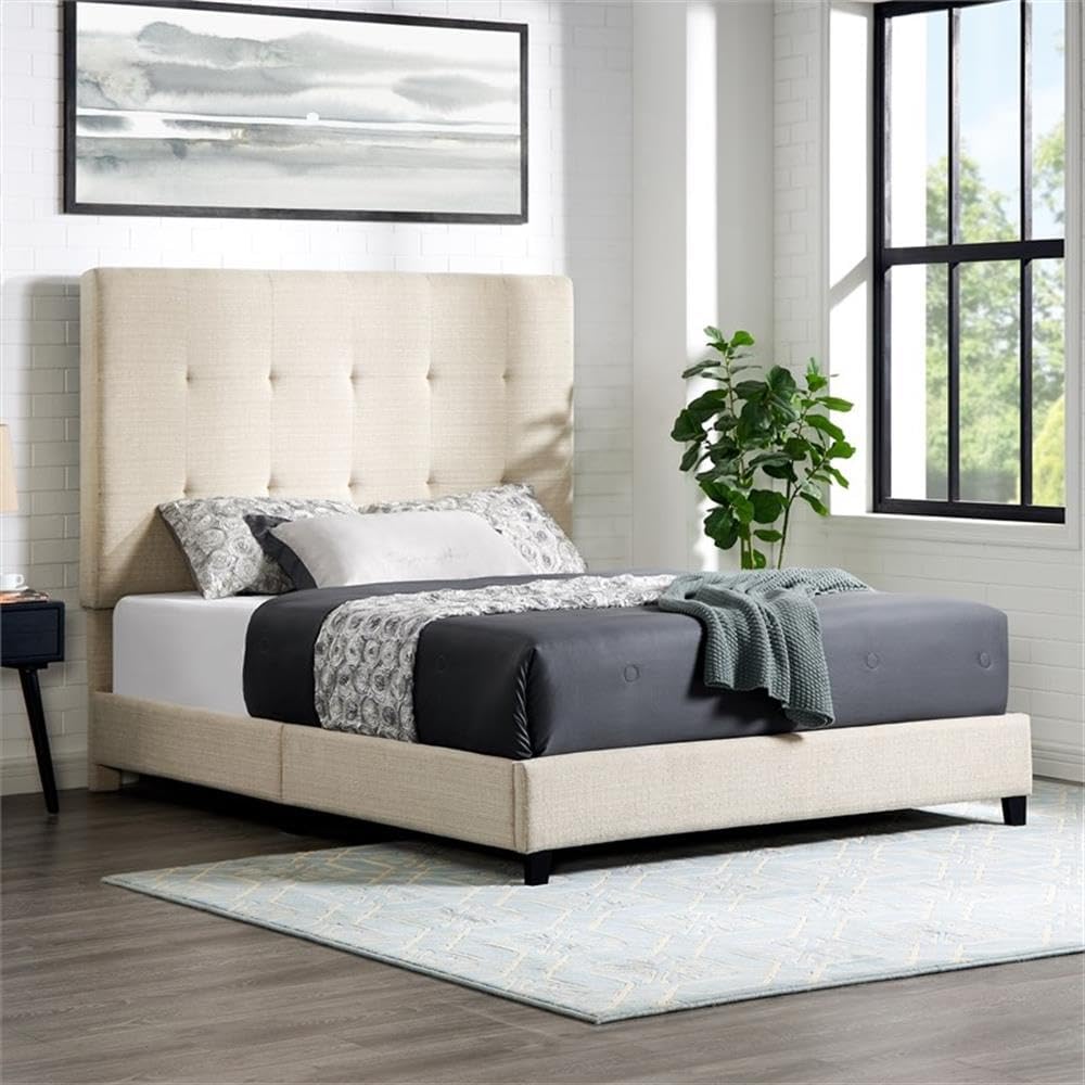 Pemberly Row Queen Size Tufted Upholstered Platform Bed, Beige Polyester Fabric, 64"x83"x60", Solid Wood Feet, Padded Headboard and Frame, Modern Style Main, Spare, or Kids Bedroom
