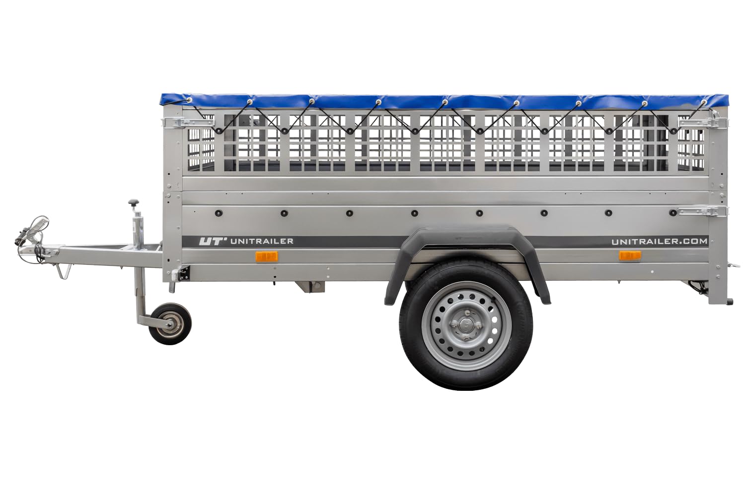 UNITRAILER Pkw Transport Anhänger 230x125 Garden Trailer 230 Kipp mit Laubgitteraufsatz, Blauer Flachplane, Planenträgern und Stützrad