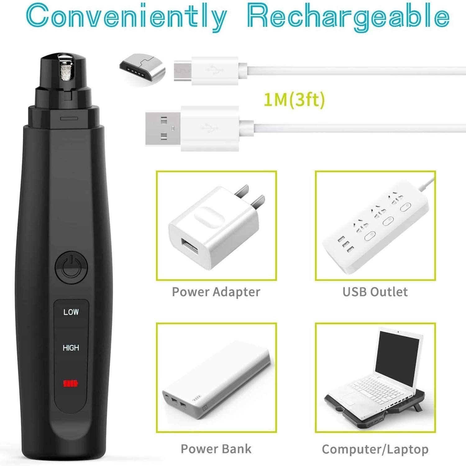 Molinillo de uñas de 2 velocidades del clavo del perro Trimmer del clavo del animal doméstico eléctrico Piedra del clavo de la mascota eléctrica Patas sin dolor PAWS PILLINDER USB RECARGABLE ARI
