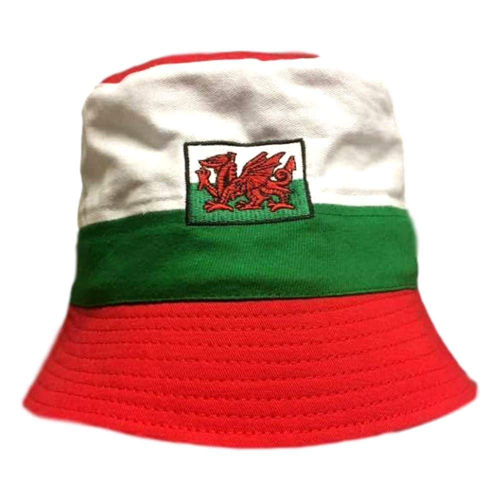 Manav Uk Unisex Green Tri Welsh Bucket Hat- Stripe (Fishing, Wales, Summer, Adults) Red