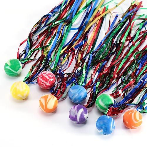 Pllieay 50 Pieces Comet Balls, Assorted Colors Bouncy Balls with Colorful Streamers, Rubber Balls for Kids Party Favors, Prizes, Birthdays Gift