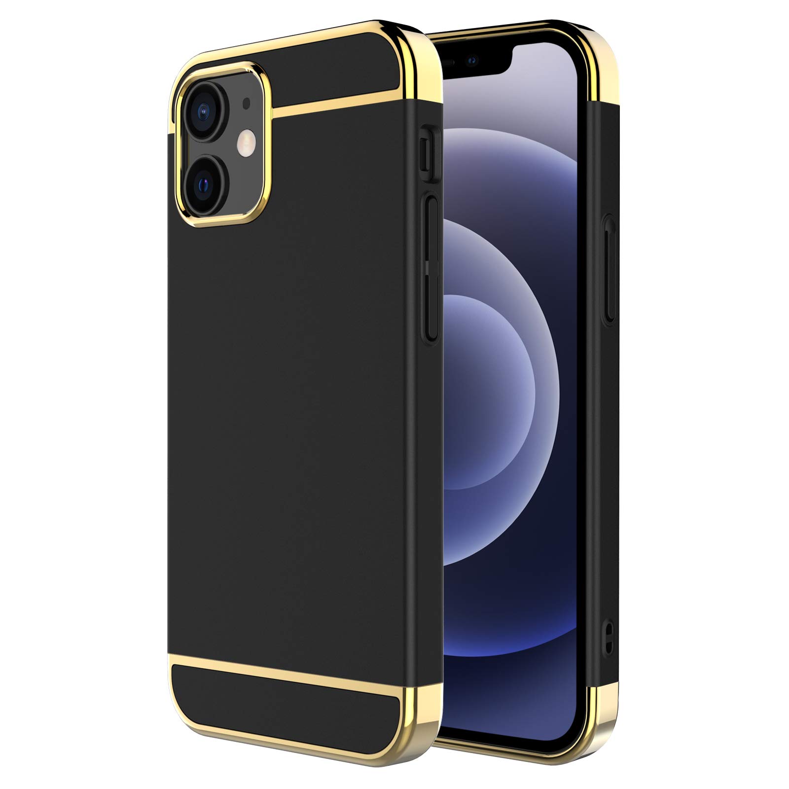 RORSOU iPhone 12 Mini Case, 3 in 1 Ultra Thin and Slim Hard Case Coated Non Slip Matte Surface with Electroplate Frame for Apple iPhone 12 Mini (5.4")(2020) - Black and Gold