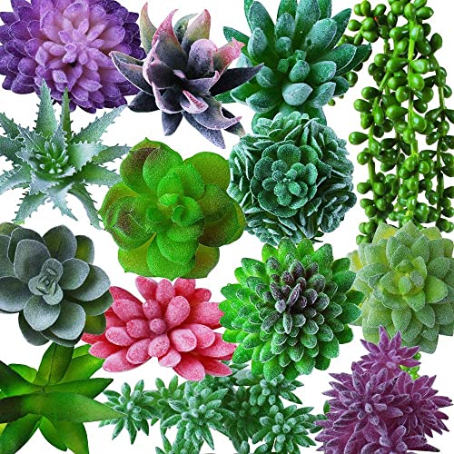 Outee 14 Pcs Fake Succulents Plants Artificial Succulents Assorted Faux Succulents in Bulk Artificial Hanging Succulents Flocking Texture Bouquet String of Pearls Succulent Decor