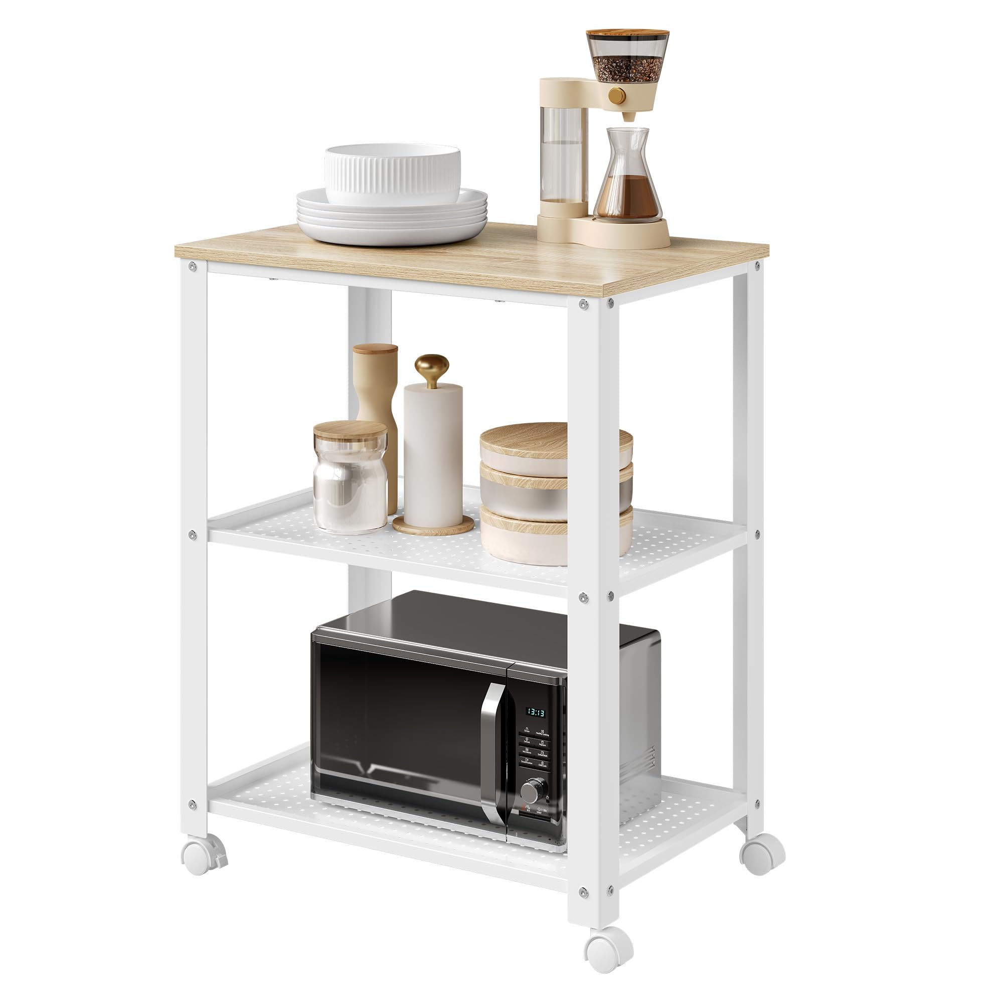 WOLTU Carro de Cocina de 3 Niveles, Estanteria con Ruedas, Carrito Auxiliar con Estantes Metálicas, para Cocina, Salón y Baño, 60x40x76 cm (Blanco+Roble Claro)