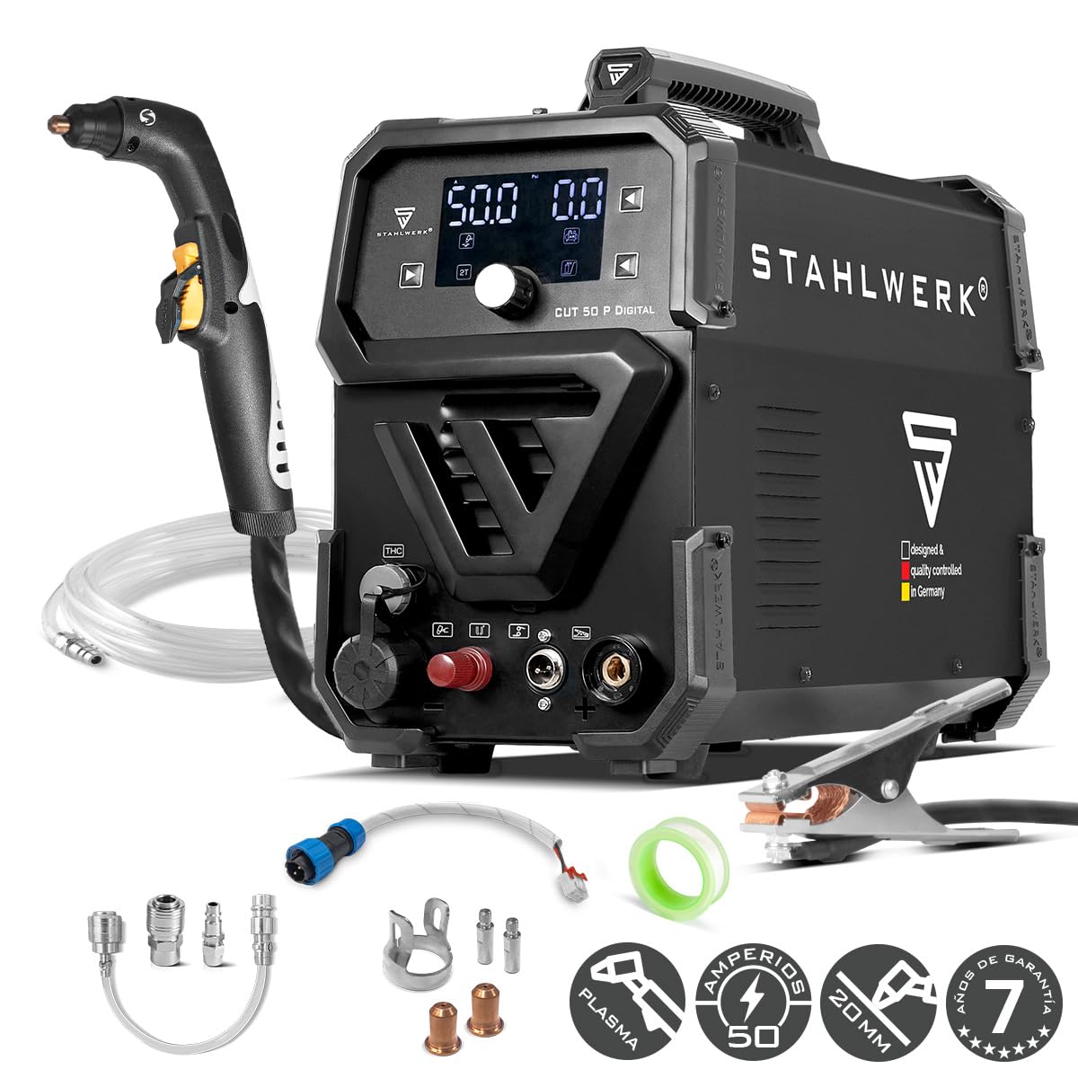 STAHLWERK Cortador de plasma CUT 50 P Digital – 50 A, capacidad de corte hasta 20 mm, encendido HF Pilot, interfaz THC para control de altura CNC, Inverter Plasma Cutter