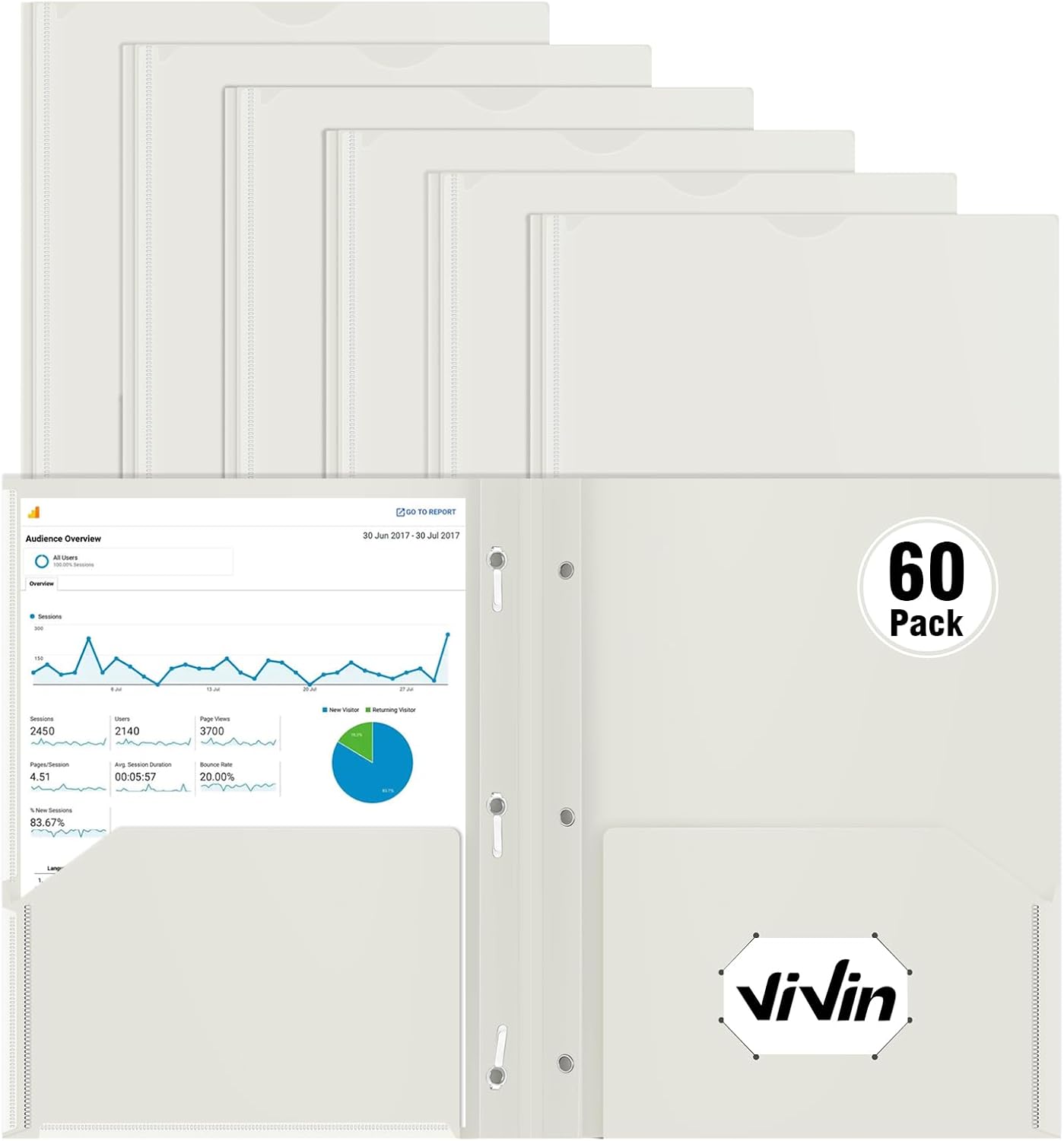 ViVin Plastic Folders with Clear Front Pocket, Heavyweight Poly Pocket Folder with 3 Prongs,60 Pack, File Folder for Letter Size Documents, for Office and School (White) 60 PACK White