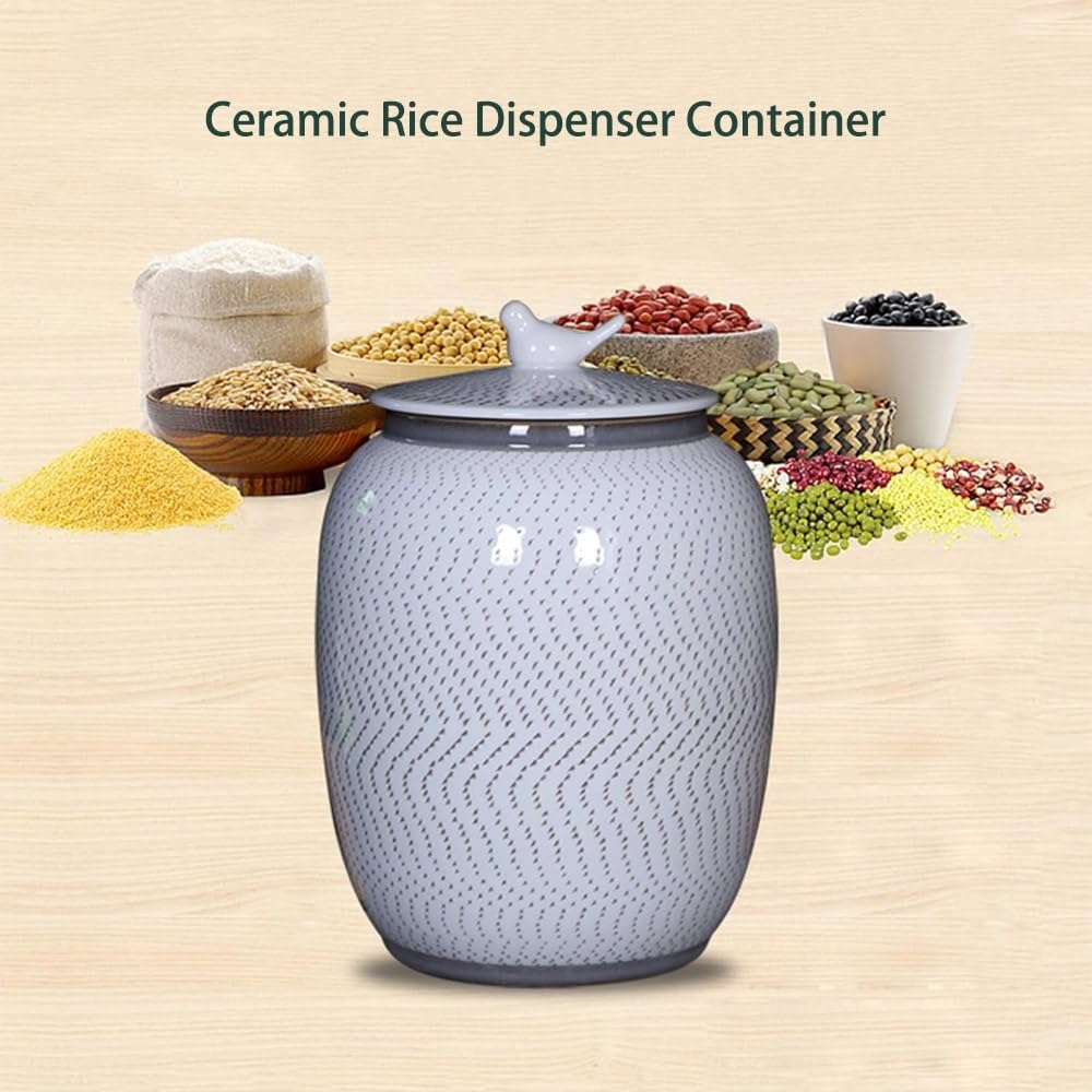Tarro De Arroz De Cerámica, Dispensador De Granos De Tarro De Arroz De Cerámica Con Tapa Hermética, Botes De Encimera De Cocina Para Harina, Café, Nueces, Té(Blue,22lb/10kg)