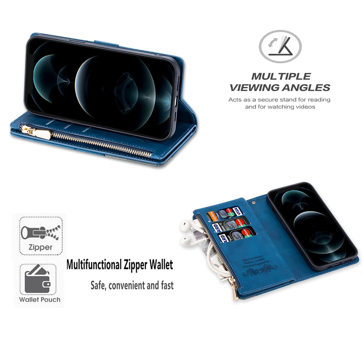 UEEBAI Estuche para iPhone 14 6.1 Inch, Cartera con Correa de Mano Cuero PU Funda Tapa Retro a Prueba de Golpes con 9 Ranuras para Tarjetas Función de Soporte Bolso Magnético - Diamante Azul