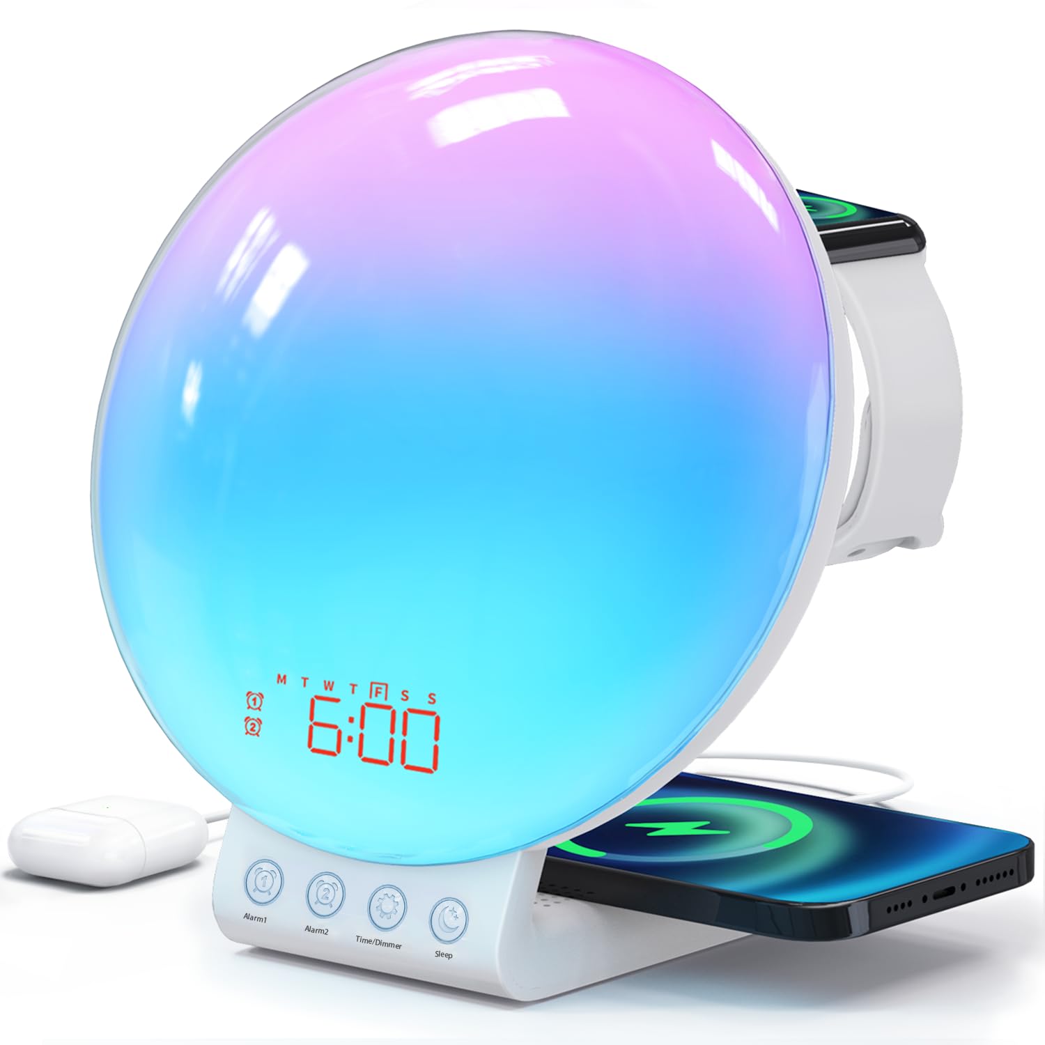 Sound Machine- Sunrise Alarm Clock with Wireless Charging Station, 11 Light &15 Sounds, White Noise Machine for Kids Adults, Compatible with Apple Watch/Airpods/iPhone (No WiFi &No App)