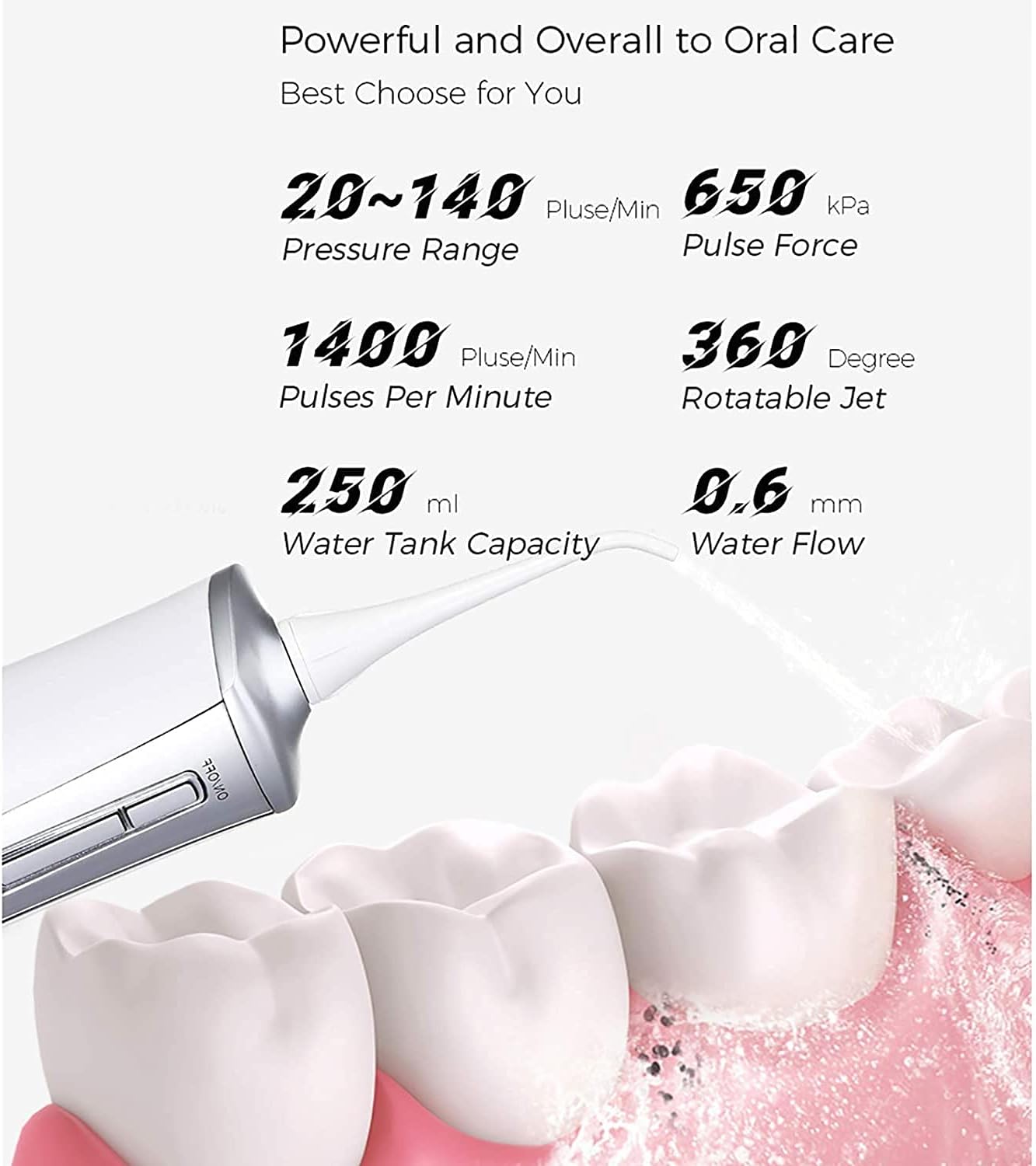 Water Flosser Cordless, Portable Dental Oral Irrigator for Teeth, 3 Modes and 2 Jet Tips, IPX7 Waterproof, USB Charged 4 Hrs for 15-Days Use, Home, Travel, Braces, Bridges Care