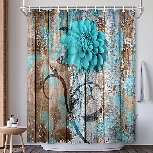 Jawo Farmhouse Flower Floral Shower Curtain, Rustic Teal Turquoise Dahlia Shower Curtain Set, Country Blue Wild Garden Plant Fabric Shower Curtain With Hooks, Surreal Bathroom Curtain, 69X70Inch #TOP2
