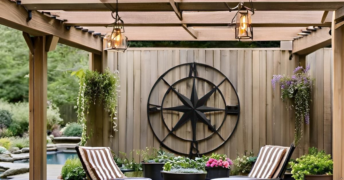 Nightclawing Nautical Compass Wall Decor, Coastal Nautical Beach Decor, Porch Patio Travel Adventure Wall Hanging, 41" (Black)