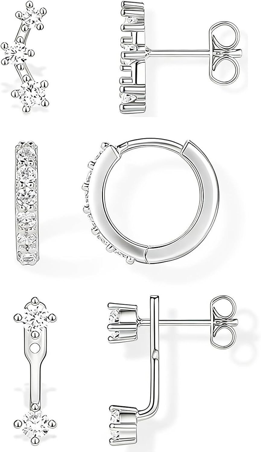 BG&WLing 3 Pairs Earrings for Women Trendy Earring Sets for 3 Holes, Stud Hoop Ear Jacket Earrings, Silver Posts with Cubic Zirconia Hypoallergenic, Dainty Crawler Climber Piercing Earrings Jewelry Gifts