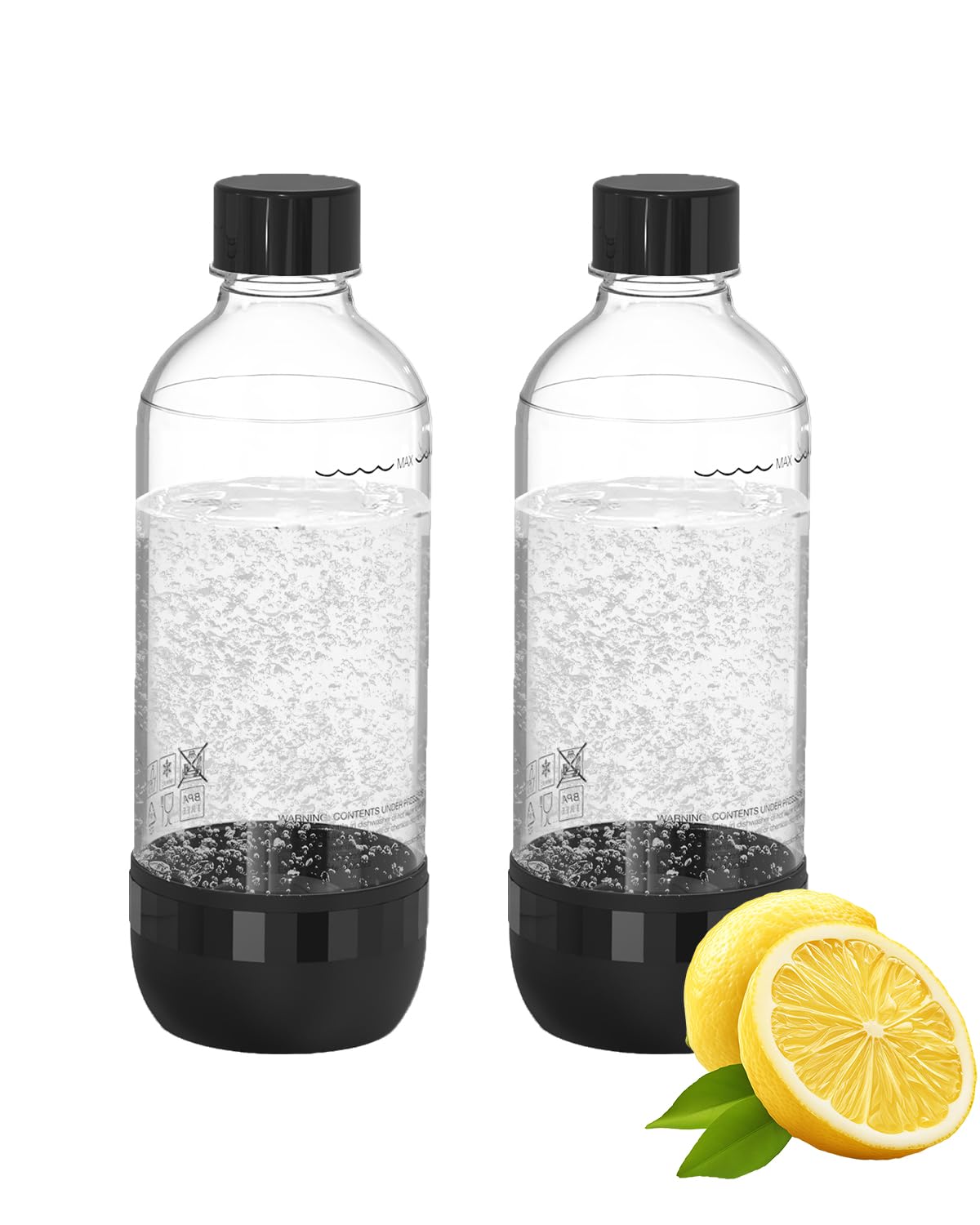 PinPure Soda Maker Bottles, BPA-Free Reusable Soda Bottles (2-Pack), 1L Leakproof Carbonated Water Bottles with Secure Seal, Compatible with Most Soda Makers Black