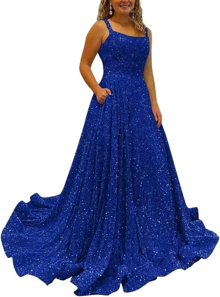 Sparkly Sequins A Line Prom Dresses Long Spaghetti Straps Party Dresses Backless Wide Hem Ball Gowns for Women