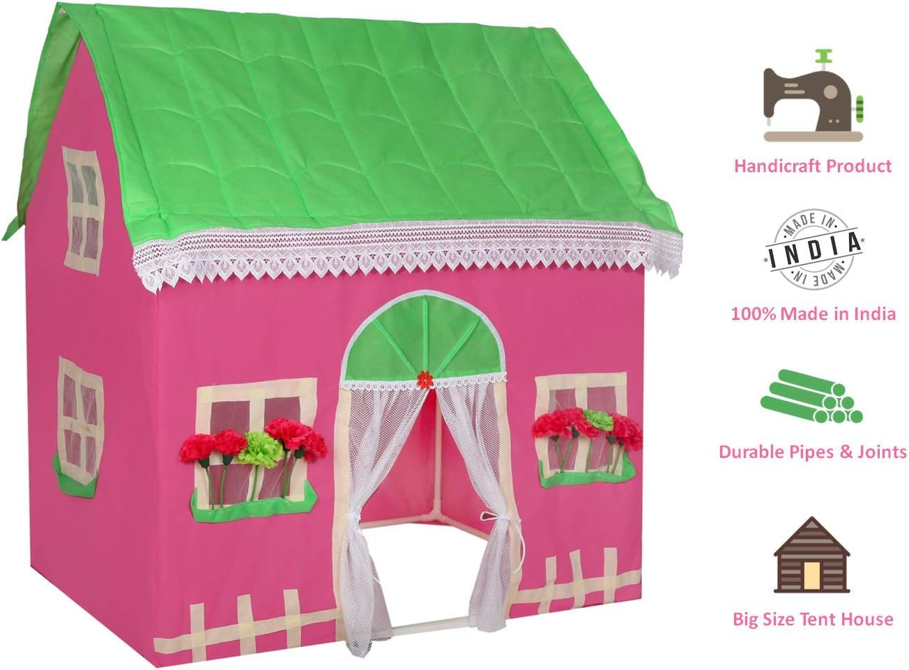 Playhood My Sweet Home - Big Size Kids Tent House - Made in India - Handicraft Tent - Pink & Green