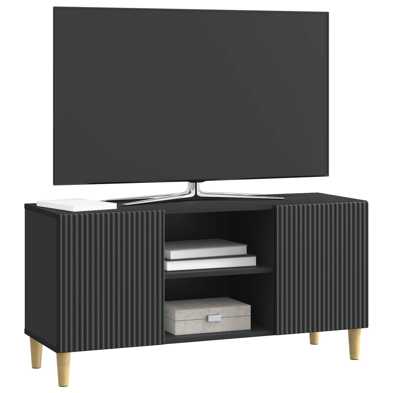 Mobile basso per TV, nero, 102 x 34,5 x 50 cm, in legno | Tavolino TV compatto con ante girevoli e ripiani per soggiorno e camera da letto. Gambe coniche stabili.
