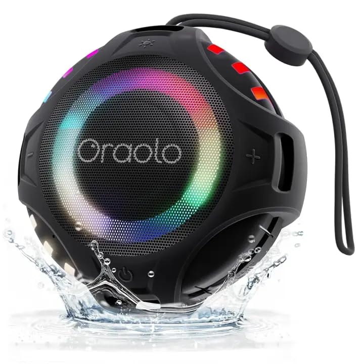oraolo Bluetooth Lautsprecher, Speaker mit RGB Lichtshow, Musikbox Wasserdicht IPX6, 10 Stunden Akkulaufzeit Tragbarer Bluetooth Lautsprecher für Zuhause, Radfahren, Party