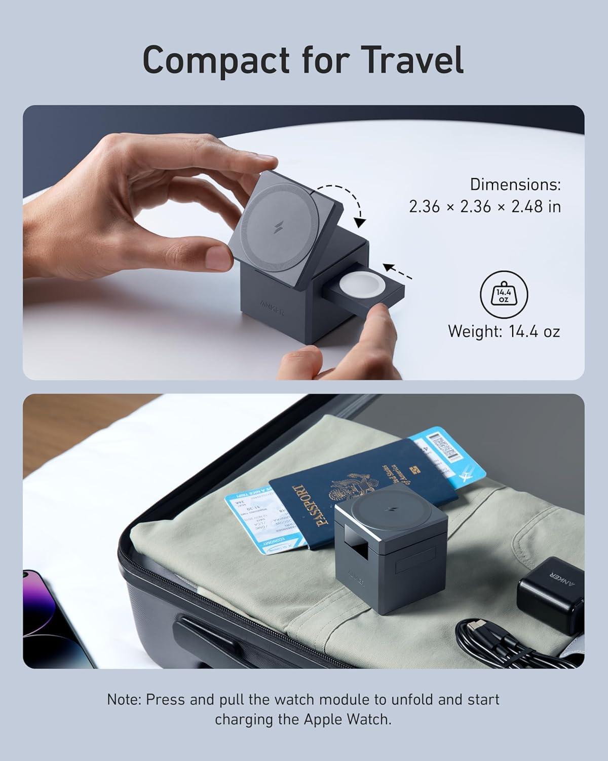 Anker MagSafe - Supporto caricabatterie wireless, cubo 3 in 1, supporto pieghevole per ricarica rapida da 15 W, per iPhone 17/16/15, Apple Watch 1-8/Ultra, AirPods (caricatore USB-C da 30 W e panno di