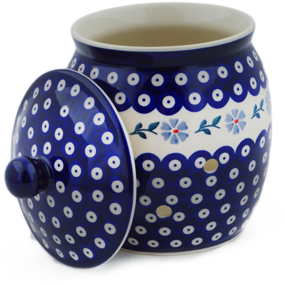 Authentic Polish Pottery Garlic and Onion Jar in Peacock Forget-Me-Not Design Handmade in Boles?awiec Poland + Certificate of Authenticity