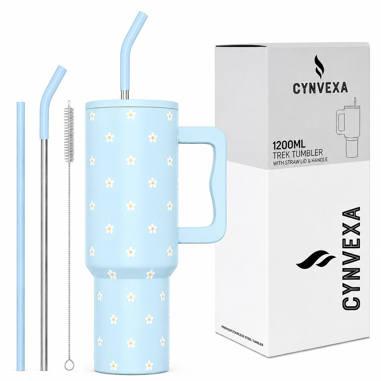 CYNVEXA Tumbler with lid and Straw 1200ML Cup Stainless Steel Vacuum Insulated Tumbler for Water, Iced Tea or Coffee 1.2L Office Gym Travelling (Flower Retro Mint)