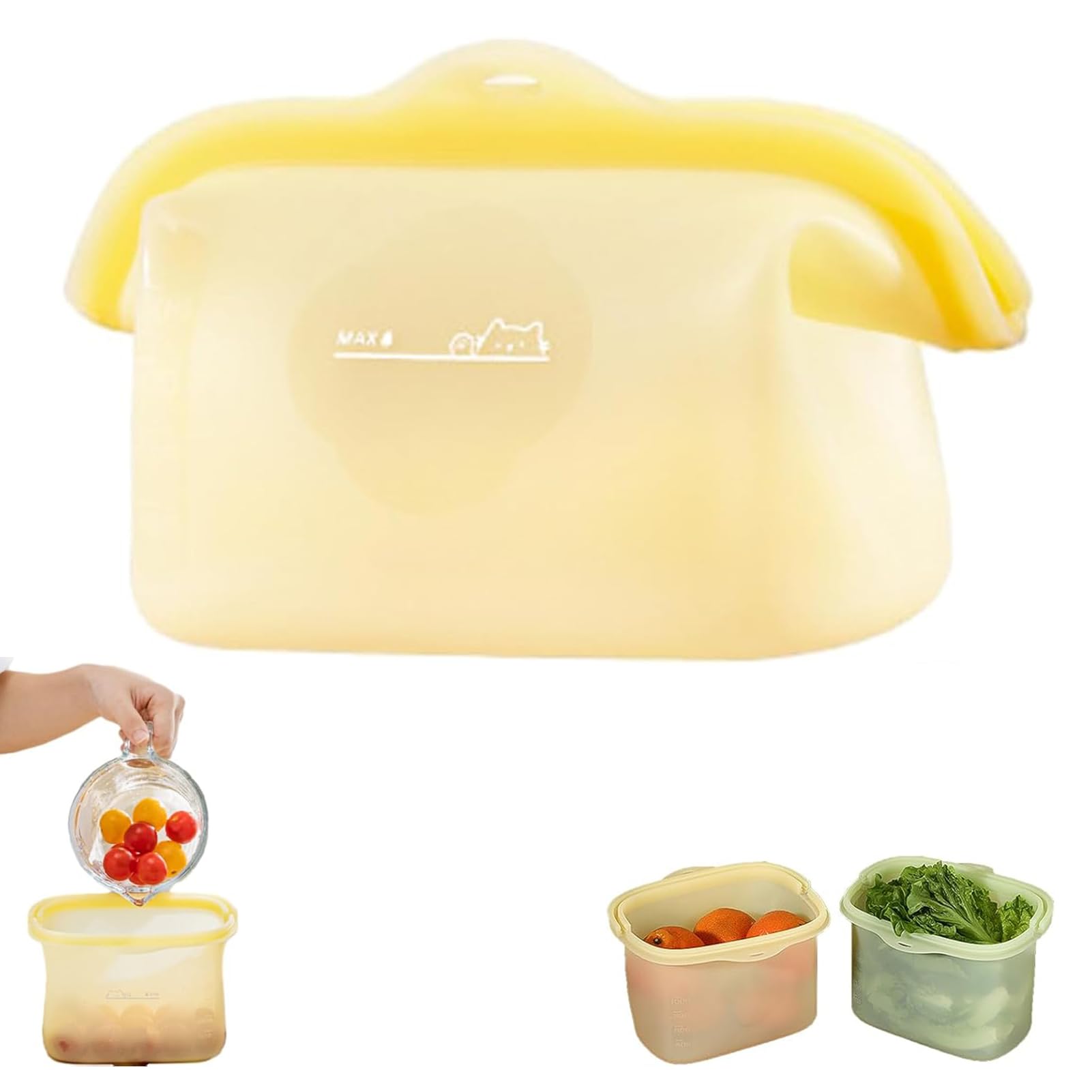 Stand-Up Resealable Silicone Food Storage Bag, Leakproof Portable Bento Lunch Pockets, Stand-Up Reusable Freezer Bags, Heat-resistant Sandwich Snack Bags for Salad Fruit Snack Travel (Yellow)