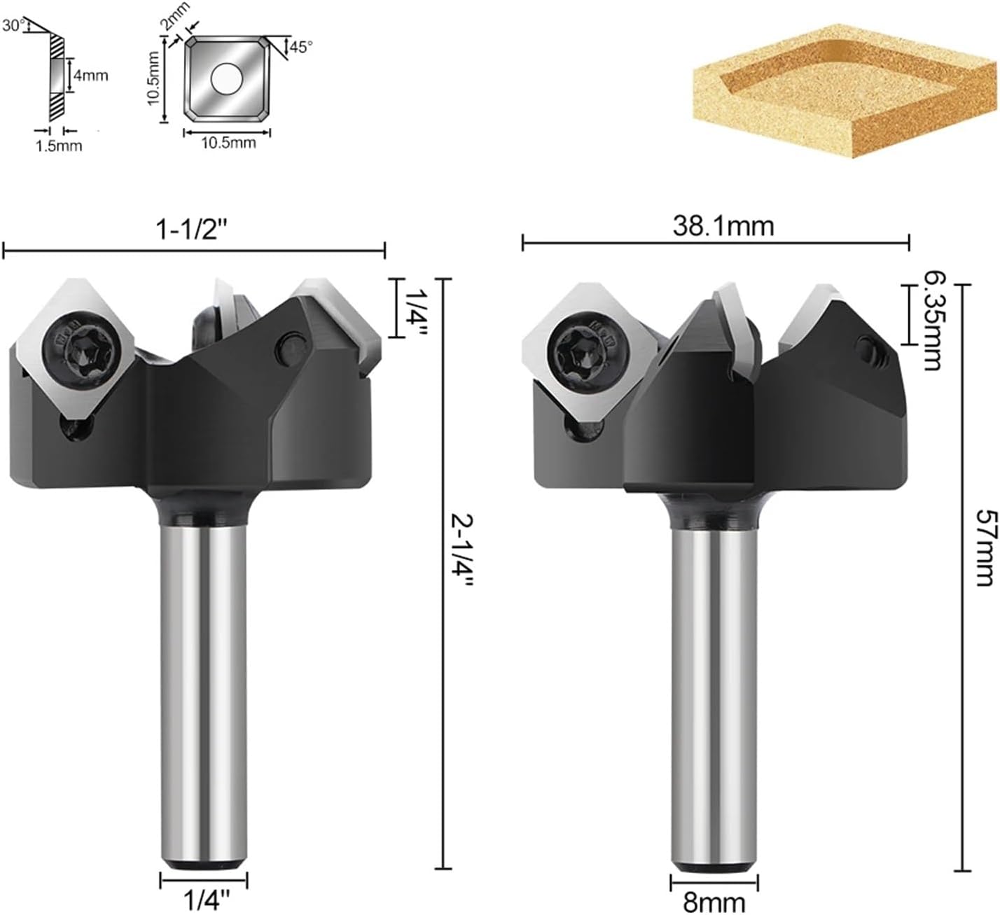 1 x CNC Spoilboard Surface Cutter 8 mm 1/4 Shank Plate Flattening Carbide Insert Wood Planer (1I4 Shank)