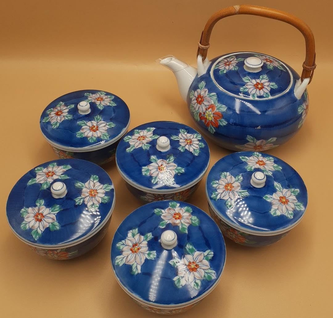 2172 九谷焼　金彩　茶器セット　急須1客　湯冷し1客　湯呑5客　時代物 1327 九谷焼茶器セット急須1 湯呑蓋付5 金彩