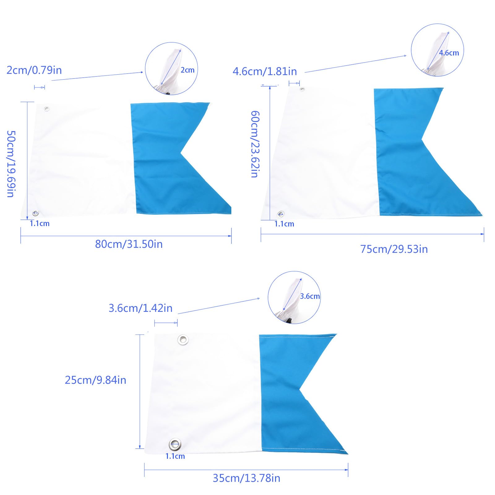 Generisch Set de banderas flotantes de buceo, 35 x 25 cm, 75 x 60 cm, 80 x 50 cm, tamaño azul y blanco, para actividades marinas y seguridad en la piscina, bandera de seguridad para snorkel