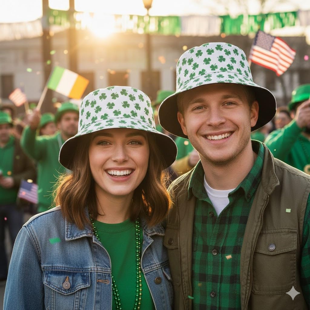 St. Patrick's Day Shamrock Bucket Hat for Women & Men - Green Clover Print Reversible Sun Hat